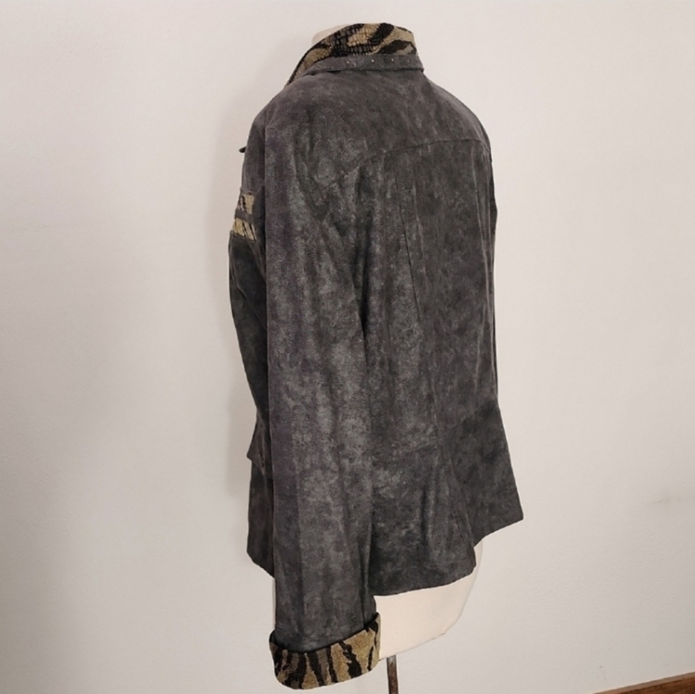 Nancy Bolen Jacket Faux Suede with Animal Print Accents Green Plus Size 14 - Picture 5 of 15